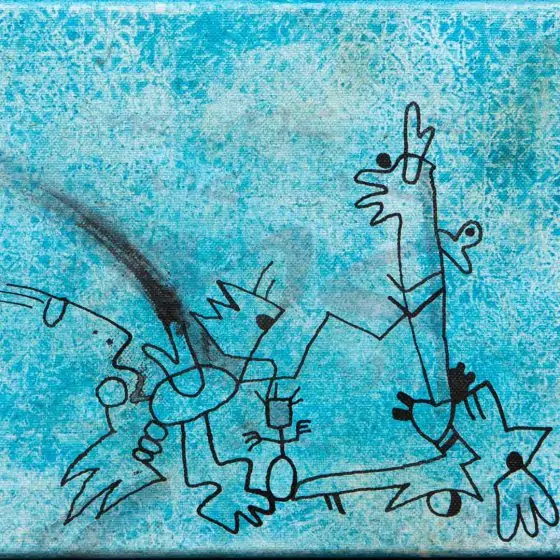 Marlies Kosubski: Welt der Fantasten – Werk 16 (abstrakte Männlein auf türkisem Grund)
