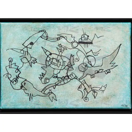 Marlies Kosubski: Welt der Fantasten – Werk 18 (abstrakte Männlein auf blaugrünem Grund)