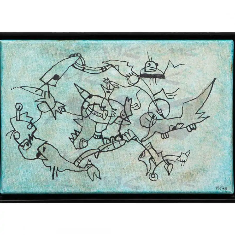 Marlies Kosubski: Welt der Fantasten – Werk 18 (abstrakte Männlein auf blaugrünem Grund)