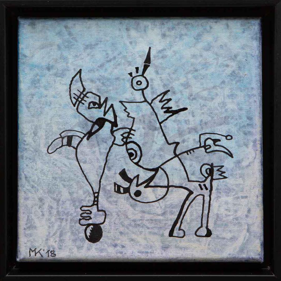 Marlies Kosubski: Welt der Fantasten – Werk 8 (abstrakte Männchen auf grauem Grund)