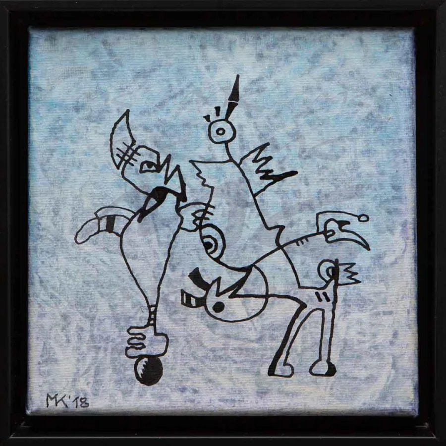 Marlies Kosubski: Welt der Fantasten – Werk 8 (abstrakte Männchen auf grauem Grund)