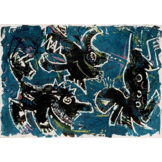 Animalistic 2 dark fish monsters on blue and green