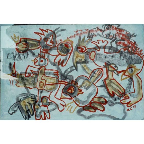 grey beige and red figures on blue